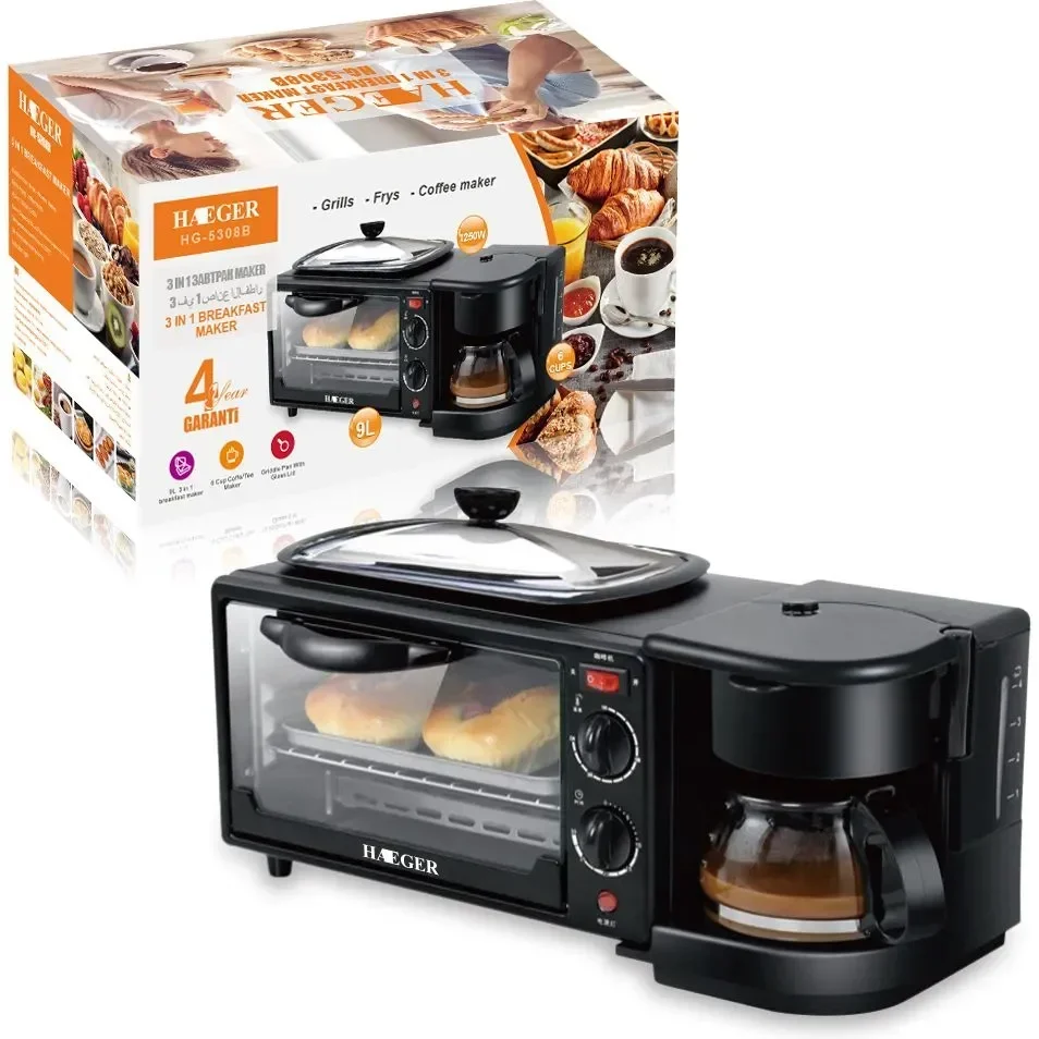 Ηλεκτρικός Πολυλειτουργικός Μίνι Φούρνος 3 σε 1 Haeger HG-5308B Καφετιέρα-Φούρνος-Ψησταριά Μαύρο 1250 W